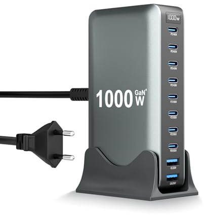 1000W 10 Ports Chargeur USB C Rapide Station de Charge, GaN IV Tech Compatible avec 140W 100W 20W QC, MacBook Pro 2025 2023, iPhone 17 16, Laptops, iPad Pro, Samsung Galaxy S25 S24 S23