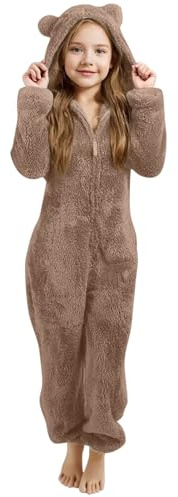 Onesie for Kids Girls Boys Plain Fleece Hooded Onesies Soft Fluffy Loungewear Cozy Warm Comfortable All in One Jumpsuit Boys Girls Jumpsuits Sleepwear (B-Khaki, 10-11 Years)