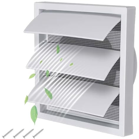 YQBFTC 100mm White Square External Gravity Grille Air Vent Cover 142mmx142mm Walls with Flyscreen,Extractor Fan Vent Cover for Tumble Dryer,Ducting,HVAC,Garage,Bathroom, Kitchen, Exterior Walls,Attic