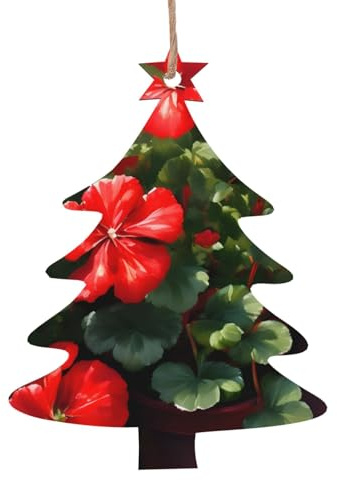 Rote Geranien gemusterte Holzornamente, ein Set von 6 Dekorationen, geeignet zum Aufhängen an Weihnachtsbäumen und Kaminen.