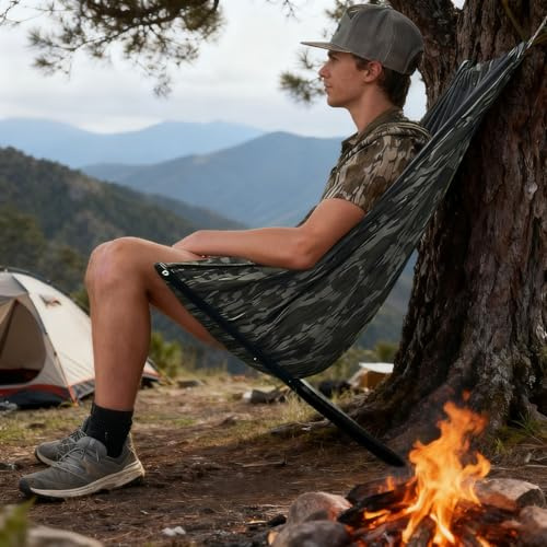 Outdoor Low Down Jagdsitz, tragbarer und leichter Jagdhängestuhl, zusammenklappbarer Baumsitz für Hirschjagd und Camping, leiser niedriger Jagdhocker (Olivgrün)