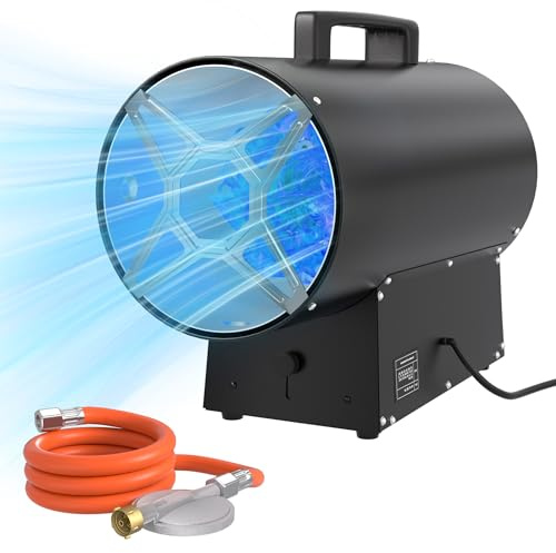 PEILU 15kW Gasheizgebläse Stahl Heizkanone mit Gasschlauch, 700mbar Druckminderer & Griff, Überhitzungsschutz Gasheizung Luftstrom 320m³/h Industrie Piezozündung Gaskanone für 225m² Outdoor Terrassen