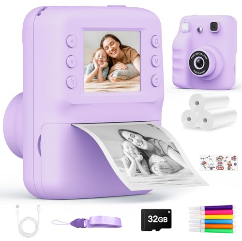 Kinderkamera Sofortbildkamera, Geschenk für Mädchen Jungen von 3–12 Jahren | 2.4 Bildschirm,1080p-Video, 32GB Karte, Musik, Selfie & 5 Spiele, 3 Rollen Druckpapier, Weihnachts-/Geburtstagsgeschenk
