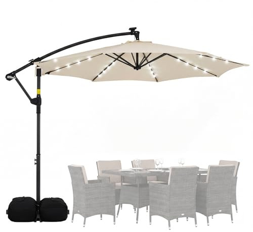 GOPLUS Parasol Deporte 3x3M avec 32 LED Solaire, Grand Parasol de Jardin Exterieur avec Pied pour 4-6 Personnes, Rotatif 360°, 8 Baleines, Manivelle, pour Balcon Terrasse Patio (3x3m|Led,Beige)