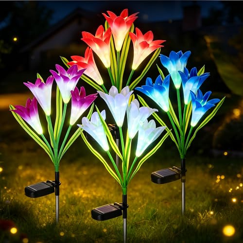 Hahorpa 4uds Luces Solares Exterior Jardín Lirio, IP65 Impermeables Luz Solar Exterior Decorativa de LED, Luces Jardín Solares para Estacas de Camino, Lámpara Solar para Jardín, Sendero, Tumba