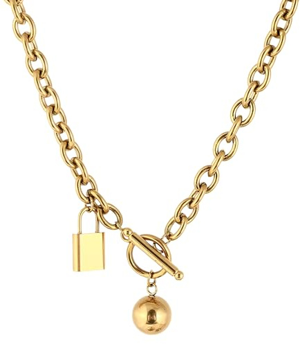 QHQQXN Collana per Uomo Donna, Argento Sterling 925 Hip Hop Collegamento Cubano T Bar Chiusura a Ginocchiera Catena Lunga Ciondolo con Ciondolo Girocollo con Lucchetto e Collana con Chiave