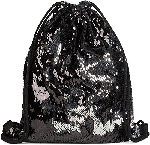 styleBREAKER Turnbeutel Hipster mit Pailletten, Rucksack, Sportbeutel, Beutel, Unisex 02012210, Farbe::Schwarz/Silber