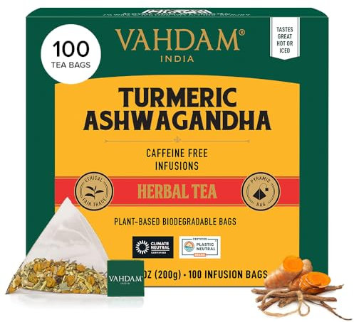 VAHDAM, Kurkuma Ashwagandha Kräutertee Beutel (100 Teebeutel) Koffeinfrei | Kurkuma & Gartenfrischen Gewürzen | Verpackt in Indien | Brühen Sie Heiß, Eis oder Kombucha Tee