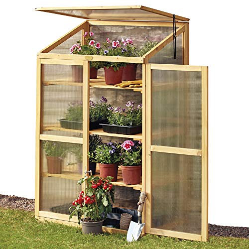 Garden Grow 3 Tier Wooden Cold Frame Greenhouse, Outdoor Polycarbonate Storage for Plants & Vegetables, Height 130.5cm (Mini Greenhouse)