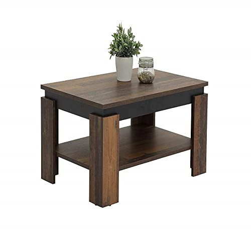 Hela Tische, Tim - Mesa de Centro, Compuesto de Madera, Revestimiento de Melamina, Estructura Bajo Tablero en Color en Contraste, Efecto Madera Antigua/Negro, Estante Inferior Grande, 90 X 60 X 41 cm