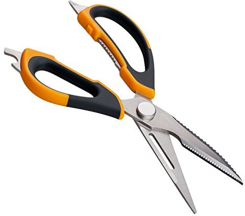 Deiss PRO Forbici da cucina per uso intensivo - Forbici multiuso 8 in 1 - Pelapatate, desquamatore per pesce, Forbice per tagliare gli ossi, Forbici per pollame e per carne - Supporto magnetico