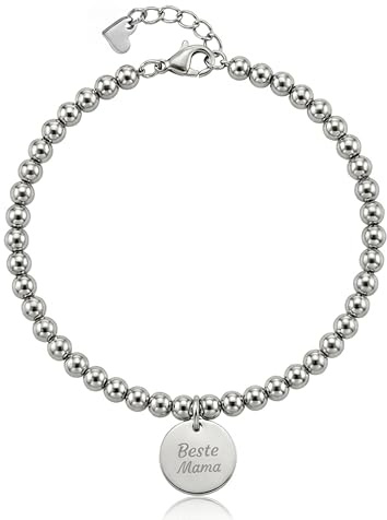 Kamiko Gravurarmband aus Edelstahl mit Kugelperlen in 4mm Größe, wasserfest, Geschenk für Schwester, Patin & beste Freundin