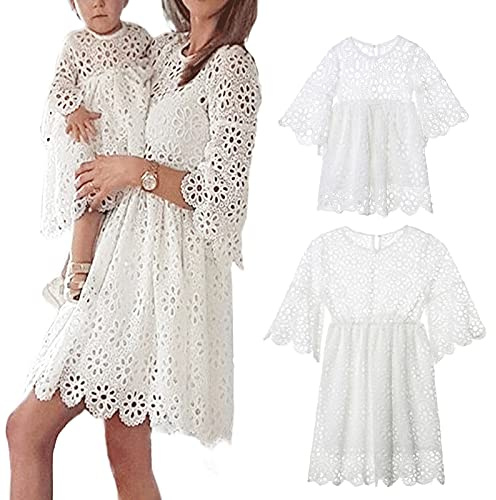 Loalirando Kleid für Mutter und Tochter gleich, elegant, einfarbig, Spitze, lange Ärmel für Mutter und Tochter, Geburtstag, S-XL 0-5 Jahre, A - Weiß - Mama, L