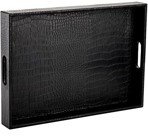 Lyellfe Alligator Faux Leather Serving Tray, Decorative Ottoman Tray with Handles, 17 x 12 Inch Rectangular PU Serving Tray for Coffee Table, Living Room or Dressing Table