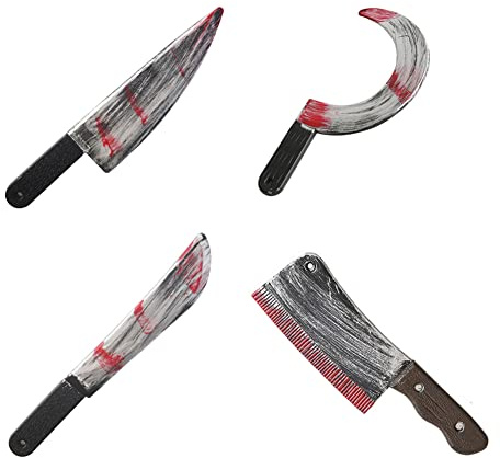 Proumhang 4 Stück Blutige Halloween-Waffen Machete,Messer,Axt,Spalter und Sichel Halloween-Requisiten Party-Deko-Set für Halloween-Dekoration,Spukhäuser und klobige Kostüme,Kombination
