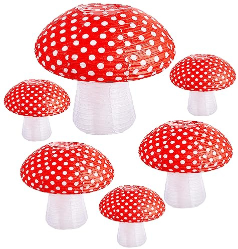Mushroom Paper Lanterns 6 Pcs Mushroom Hanging Paper Lanterns 3 Size Paper Lantern Bedroom for Alice in Wonderland Themed Birthday Baby Shower Fairy Theme Party Decorations