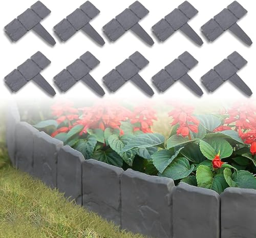TRMLBE T-Form Rasenkante 50pcs 12,5m Kunststoff Steinoptik Beetumrandungen Gartenzaun PP-Material Rasenkantenprofile mit Schnell-Verbindung Beetbegrenzung Beeteinfassung für Garten Deko, Anthrazit