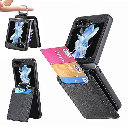 L-FADNUT Kompatibel mit Samsung Galaxy Z Flip 5 Hülle, Leder Kartenfächer Handyhülle Magnetisch Ständer Schutzhülle mit Ring Klappbare Case für Samsung Galaxy Z Flip 5 Schwarz