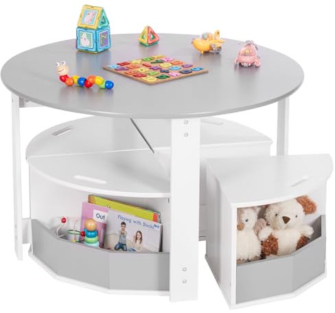 Yorbay Kindertisch mit 4 Stühlen: 5 Teilige Kindersitzgruppe aus Holz mit 4 Stauraumhocker - Kinder Tisch Stuhl Set - Maltisch mit Stauraum Kindermöbel Sitzgruppe für Kinder ab 3 Jahren (Grau)