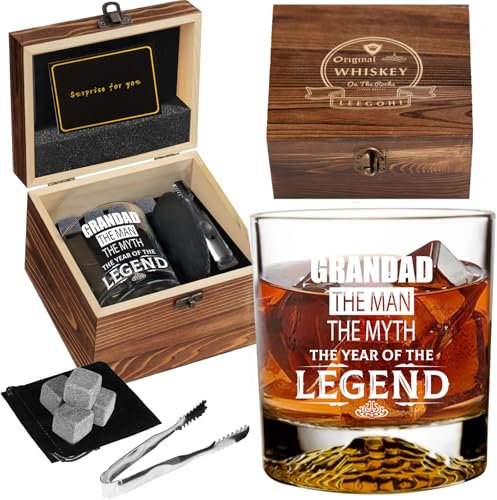 Cadeau pour grand-père, pierres à whisky et verre, 4 pierres de refroidissement en granit et verre à boire dans une boîte, coffret cadeau à whisky avec pince à glace, dessous de verre en ardoise,