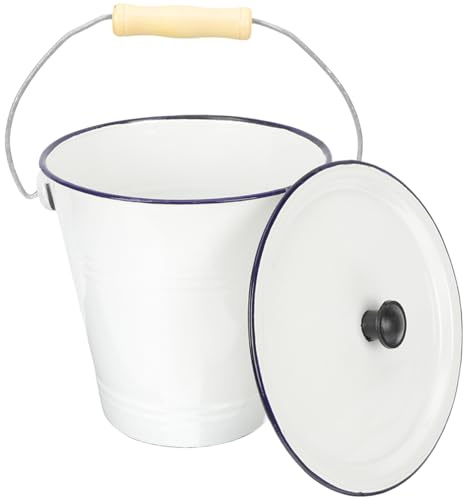 PRETYZOOM White Enamel Bucket with Lid and Wooden Handle 7 Litre | Milk and Sand Storage, Home or Commercial Use, Wear-resistant Build, Not Easy to Break