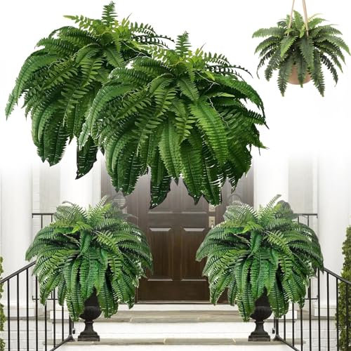 Artificial Outdoor Hanging Basket Ferns Large Faux Ferns for Porch 88 Leaves Fake Plants for Outdoor Decor