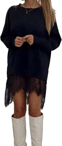 LLECDASEUI Mujeres Encaje Patchwork Mini Vestido Asimétrico Dobladillo Abertura Manga larga Sudadera Vestidos, Elegante Casual Camisetas Corto Vestido (XL,Negro)