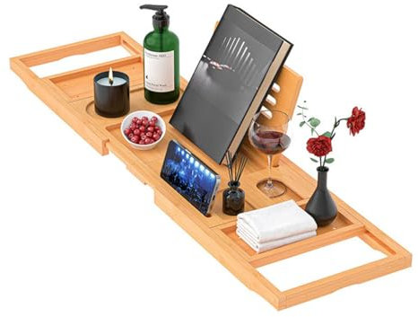 Vassoio Vasca in Bambù Estensibile - Mensola da Bagno per Frutta, Vino, Tablet - Vassoio Pieghevole (Naturale)​