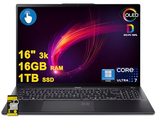 Acer Swift 16 AI Laptop 16 3k OLED Touch 100% DCI-P3 Intel 8-core Ultra 7 Series 2 256V (up to 47 Tops) 16GB DDR5 1TB SSD for Creator Designer Business Professional Win11Pro ICP