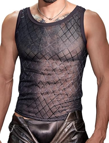 AIEOE Canottiera da uomo, trasparente, slim fit, a rete, sexy, per feste, discoteca, Nero , Taglia unica