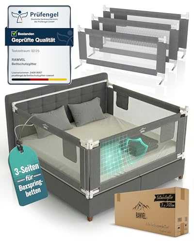 RAWVEL® Bettgitter Rausfallschutz Boxspringbett 200x200 cm [3 Seiten Komplett Set + Stange] - Labor geprüft - Rausfallschutz Bett - Bettschutzgitter Boxspringbett & Elternbett - Deutsche Anleitung