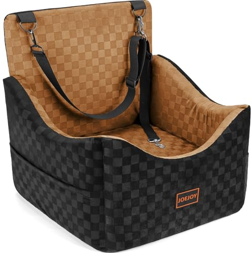 JOEJOY Elevated Dog Car Seat for Small/Medium Dogs up to 35 lbs, Memory Foam Booster Seat with Detachable Washable Cover, Travel-Safe Car Bed with Safety Belts & Storage Pockets, Brown