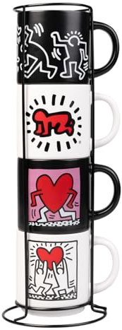 Grupo Erik Mugs Set Of 4 Keith Haring | Stacking Mugs With Stand 10.8 oz - 300ml Coffee Cups Espresso | Graffiti Art Gifts For Friends, Cool Gifts For Men & For Women