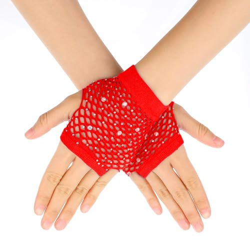 Gants Résille Rouge Courts en Nylon avec Strass Accessoires de Fête pour Filles des Accessoires Fluo Années 80 90 Gants Sans Doigts en Maille pour Cosplay Halloween Costume de Fête