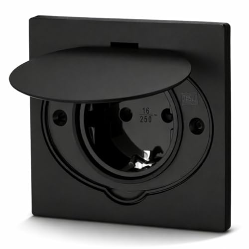 Metall Einbausteckdose, Bodensteckdose IP44, Klappdeckel, Steckklemme, schwarz