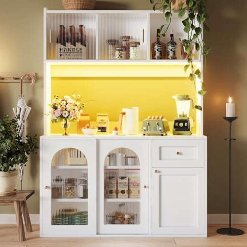 PUGSDRLY Buffet de Cuisine avec éclairage LED,Vitrine,Meuble de Rangement avec étagères réglables et Porte coulissante en verre,Buffet Haut pour Cuisine,Salon et Salles à Manger,120x35x167cm (Blanc-C)