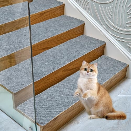 LOLYSIC 15 Pack Stair Treads, Anti Slip Carpet Treads Self Adhesive Runner Pads Steps Protector Mat for Kids Elders Pets (Light Grey, 20x76cm)
