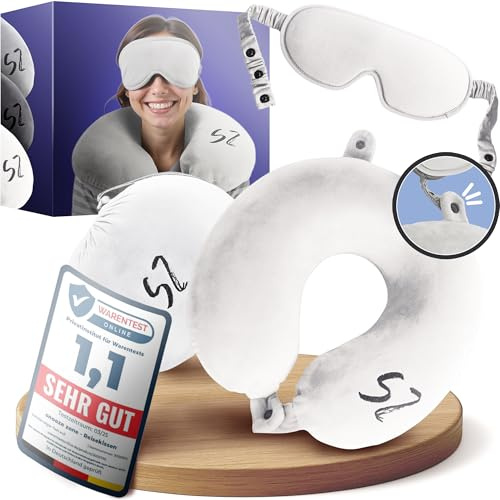 Vacanity 2in1 Snooze Zone – Größenverstellbares Memory Foam Nackenkissen Flugzeug, einzigartiges Reisekissen, kompakt verstaubar, praktisches Nackenhörnchen für Reisen – Weiß
