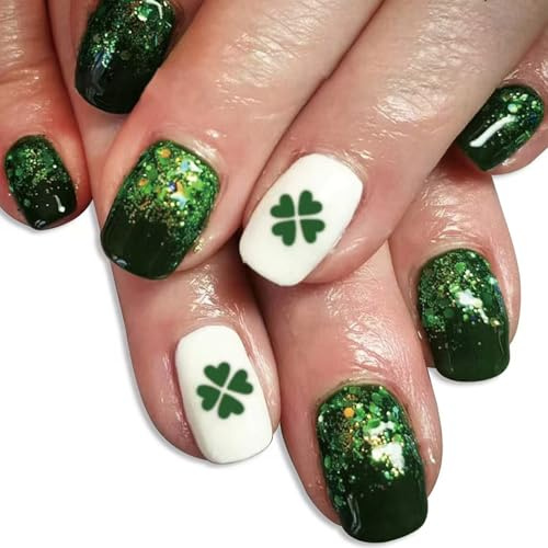 Faux ongles carrés à presser pour la Saint-Patrick, motif trèfles en acrylique, couverture complète, vert