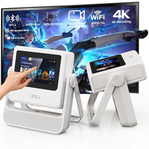 XBJ Touchscreen Smart Beamer Integrierte Apps, A5pro Tragbarer Projektor 4K Unterstützt 1080P, WLAN 6 und Bluetooth, Autofokus ＆ Trapezkorrektur, Portable Projector für Handy/Heimkino/Outdoor (Weiß)