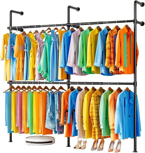 FTEYUET Kleiderstange Wandmontage, Offener Kleiderschrank, 124-219x218 cm | Kleiderstangen Wandsystem, Begehbarer Kleiderschrank, Schwerlast Kleiderständer, Garderobenständer Industrielle, Schwarz