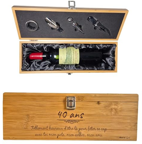 Coffret sommelier personnalisable en bois avec accessoires – Coffret cadeau vin gravé (tire-bouchon, bec verseur, bouchon, découpe-capsule) – Idée cadeau homme anniversaire, fête des pères, départ