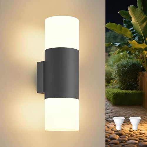 YindaLux LED Aussenlampe Wand, mit 2*GU10 Lampen, 14W 3000K, Anthrazit | IP65 Wasserdichte, Up and Down, 350° Drehbar, Aluminium, Modern LED Außenlampe Wand für Terrasse, Eingang, Flur