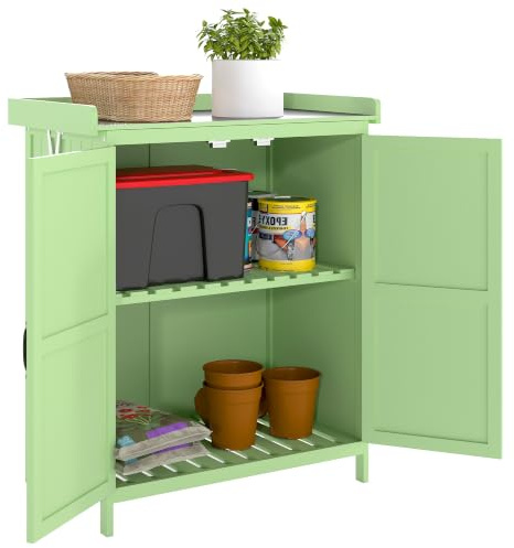 Outsunny Wooden Garden Shed, Tool Shed, Garden Cupboard, Light Green | Hinged Roof, Shelf, Outdoor Storage Cabinet, Double Doors