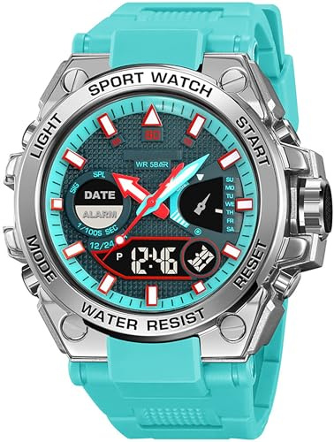 findtime Herren Uhren Bunt Armbanduhr für Männer Jungen mit Alarm Doppelzeit Stoppuhr 12/24H Digital Analog Sport Outdoor Weiß Rot Uhr