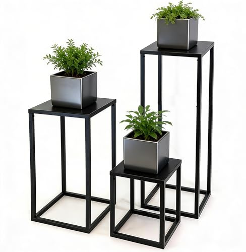 QMBasic 3er Set Pflanzenständer Blumenständer Metall schwarz, Blumensäule Dekoständer Regal Beistelltisch 3 Ebenen, Metallständer für Innenräume