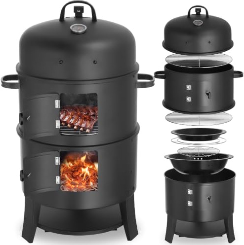tectake® Räuchertonne 3in1, Ø 41 cm, 2 Roste, Thermometer, Luftabzug | 2 verchromte Grillroste auf verschiedenen Höhen, emaillierte Wasserschale, verzinkter Kohlerost, Räucherhaken, schwarz