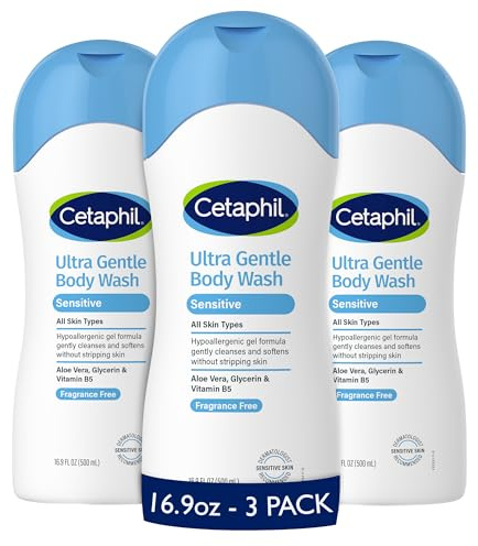 Cetaphil Ultra Gentle Body Wash, For Dry to Normal, Sensitive Skin, 16.9oz Pack of 3, Aloe Vera, Vitamin B5, Hypoallergenic, Paraben Free, Fragrance Free, Dermatologist Tested
