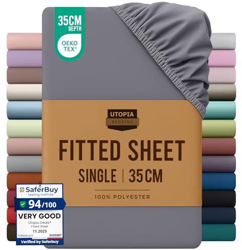 Utopia Bedding Fitted Sheet Single, Grey - Deep Pocket 14 inch (35 cm) - Easy Care - OEKO-TEX Certified - Soft Brushed Microfibre Fabric - Shrinkage and Fade Resistant - Bottom Sheet