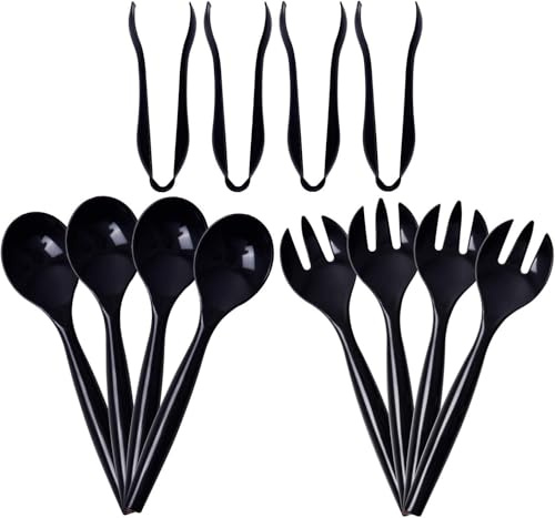 Supernal 72pcs Plastic Serving Utensils Heavy Duty Disposable Serving Tongs Black Disposable Serving Set 10 Spoons 10 Forks 6 Tongs Each 24pcs